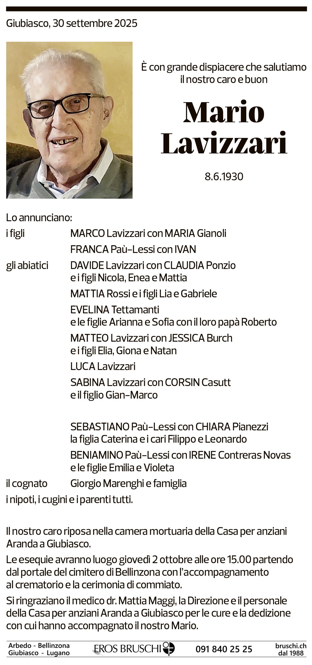 Annuncio funebre Mario Lavizzari