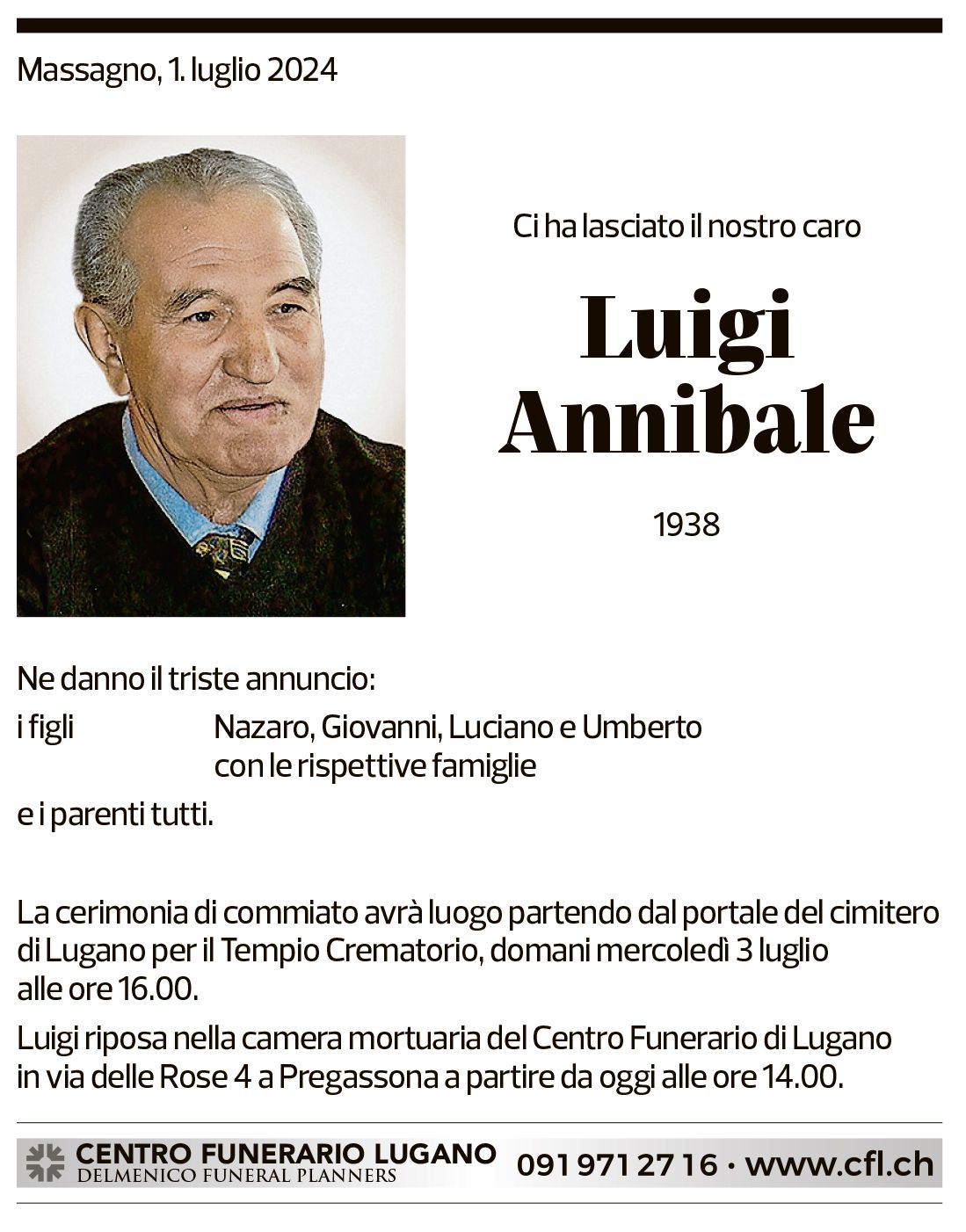 Annuncio funebre Luigi Annibale