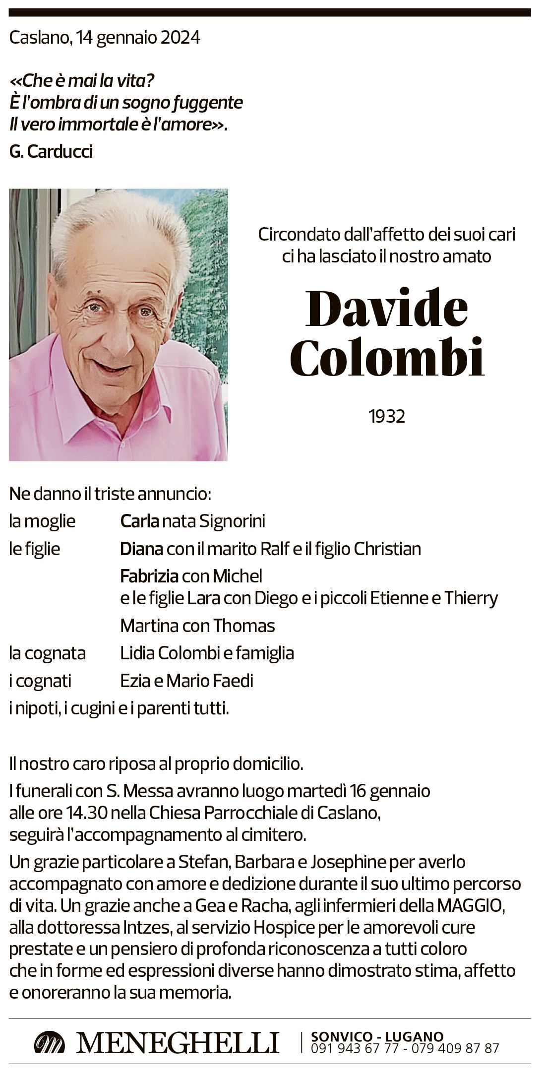 Annuncio funebre Davide Colombi