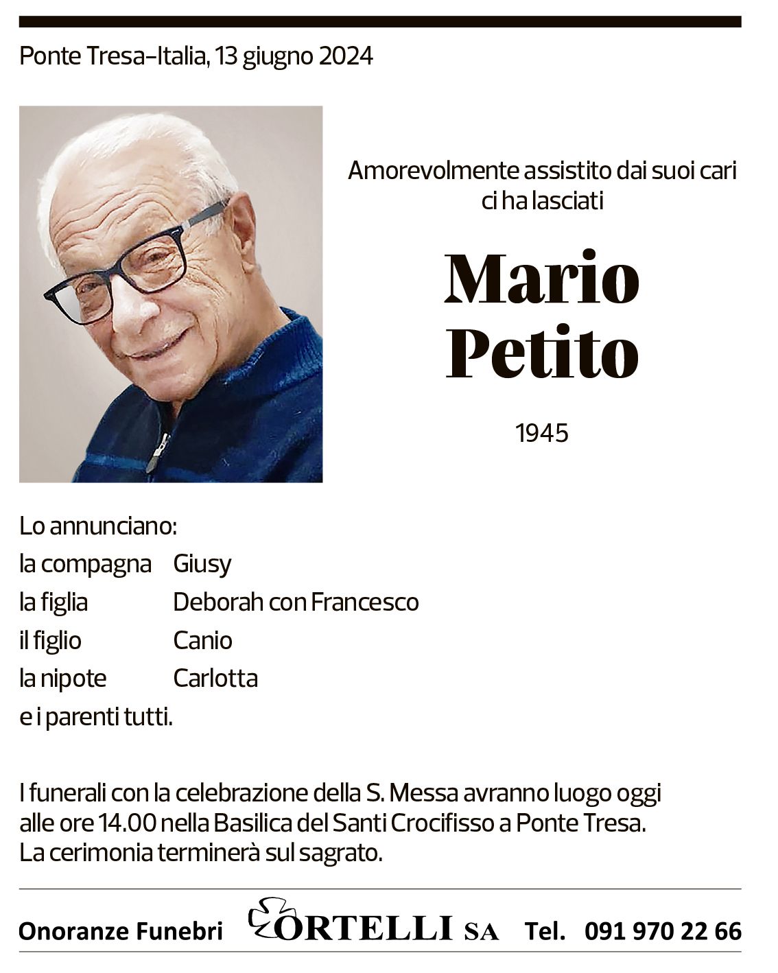 Annuncio funebre Mario Petito