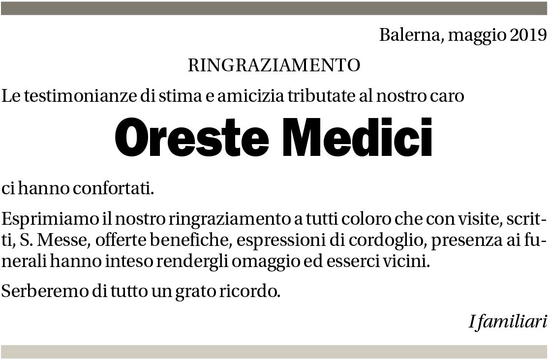Annuncio funebre Oreste Medici