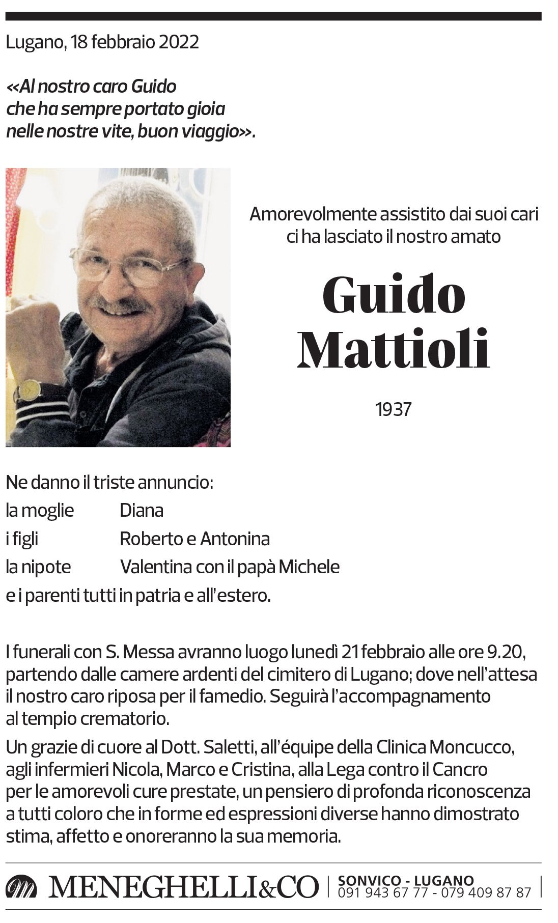 Annuncio funebre Guido Mattioli