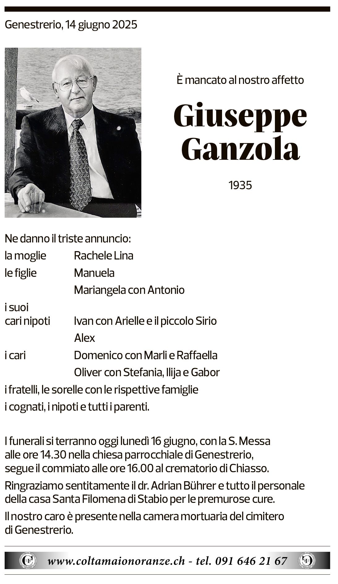 Annuncio funebre Giuseppe Ganzola