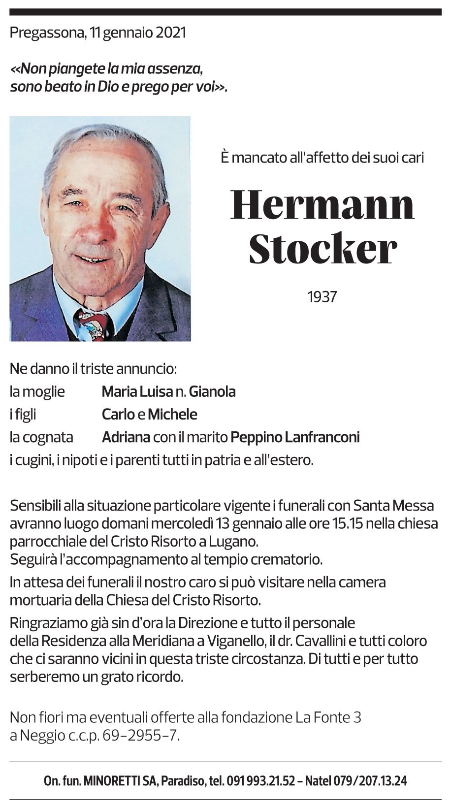 Annuncio funebre Hermann Stocker