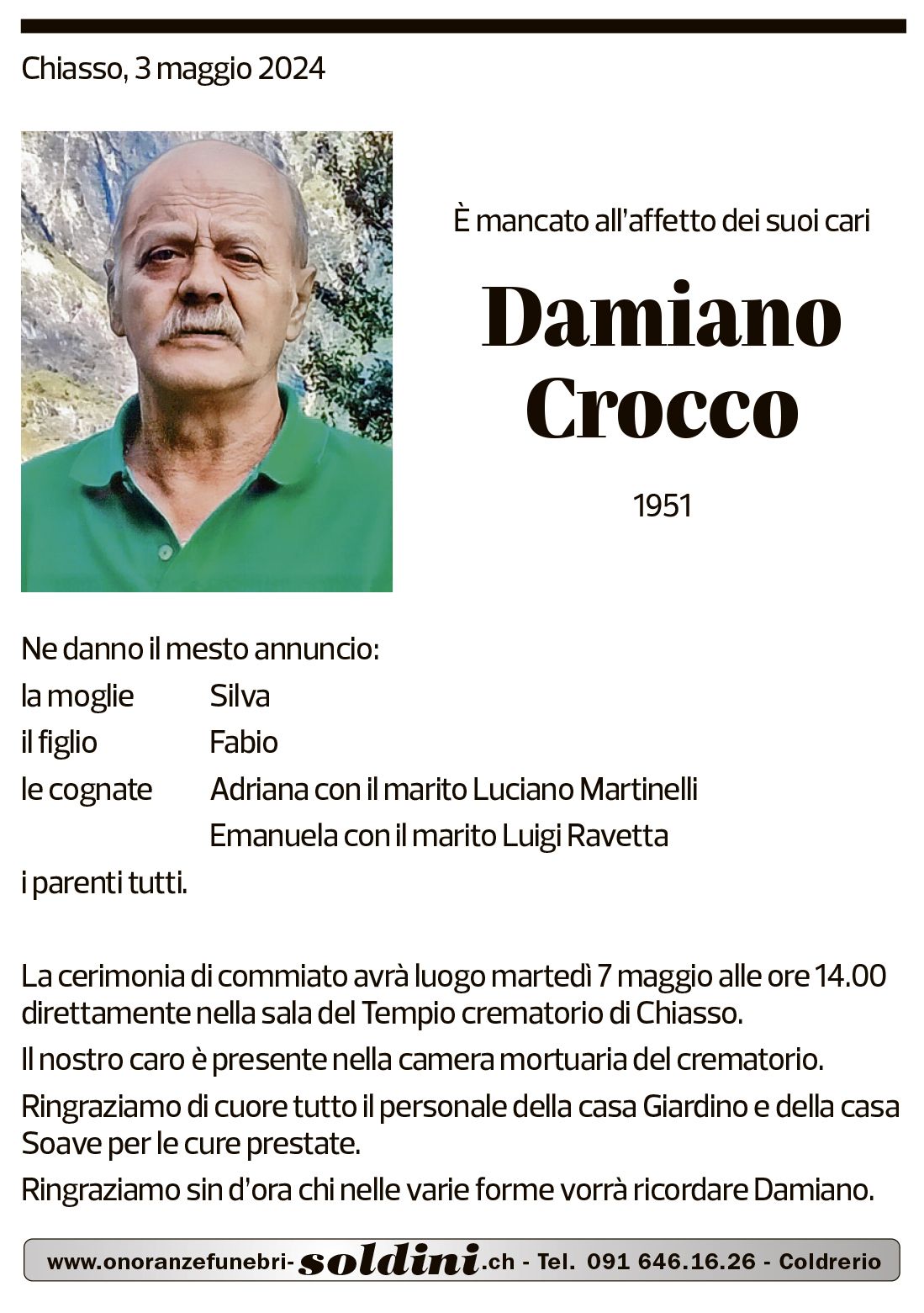 Annuncio funebre Damiano Crocco