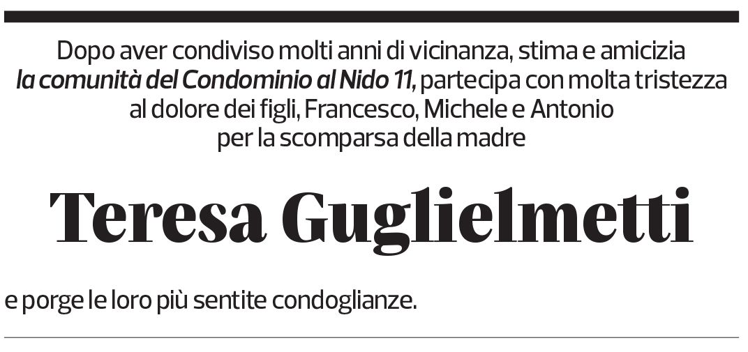 Annuncio funebre Teresa Guglielmetti