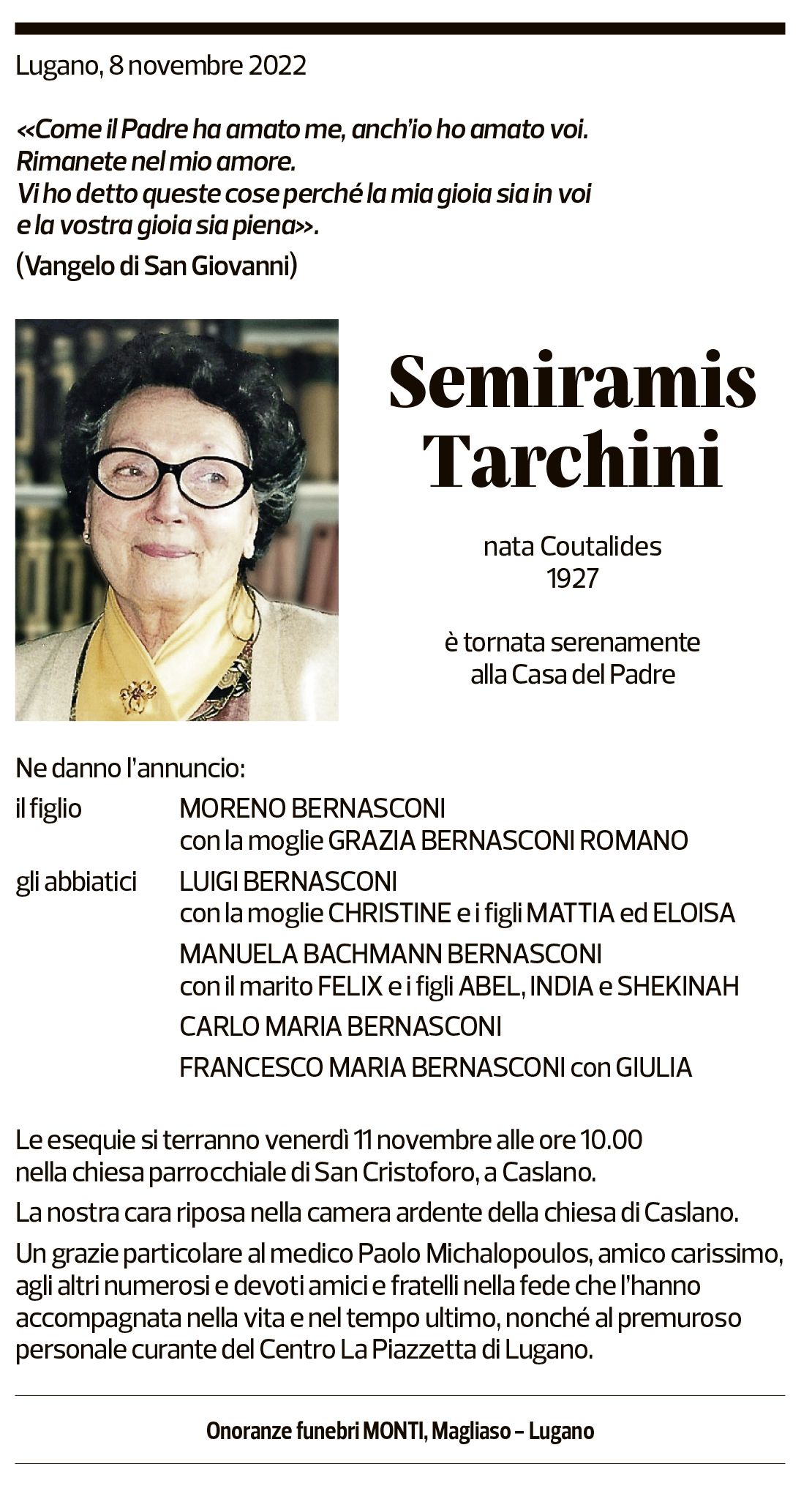 Annuncio funebre Semiramis Tarchini