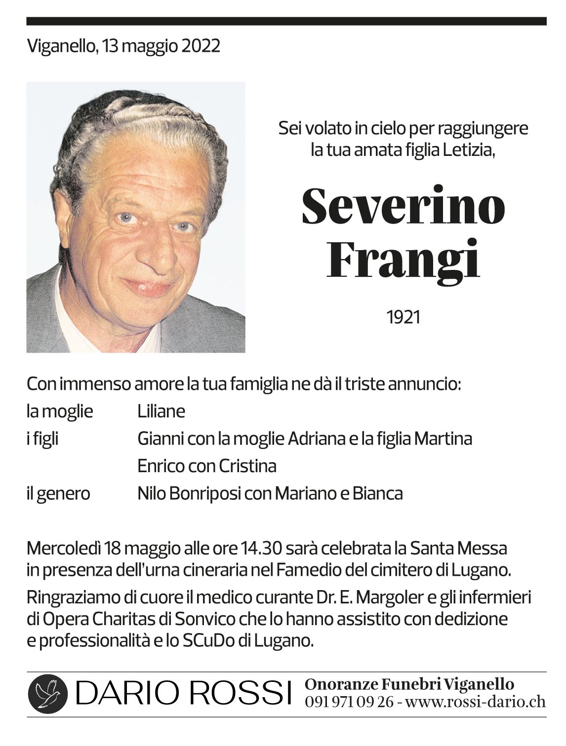 Annuncio funebre Severino Frangi