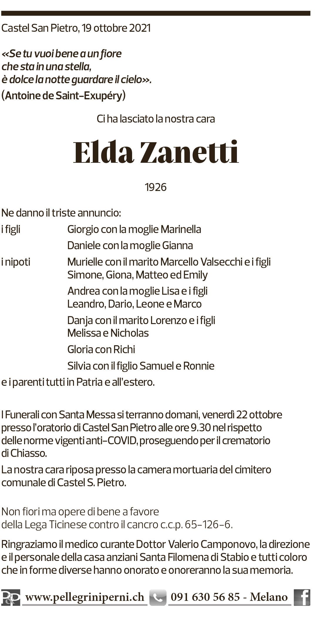 Annuncio funebre Elda Zanetti