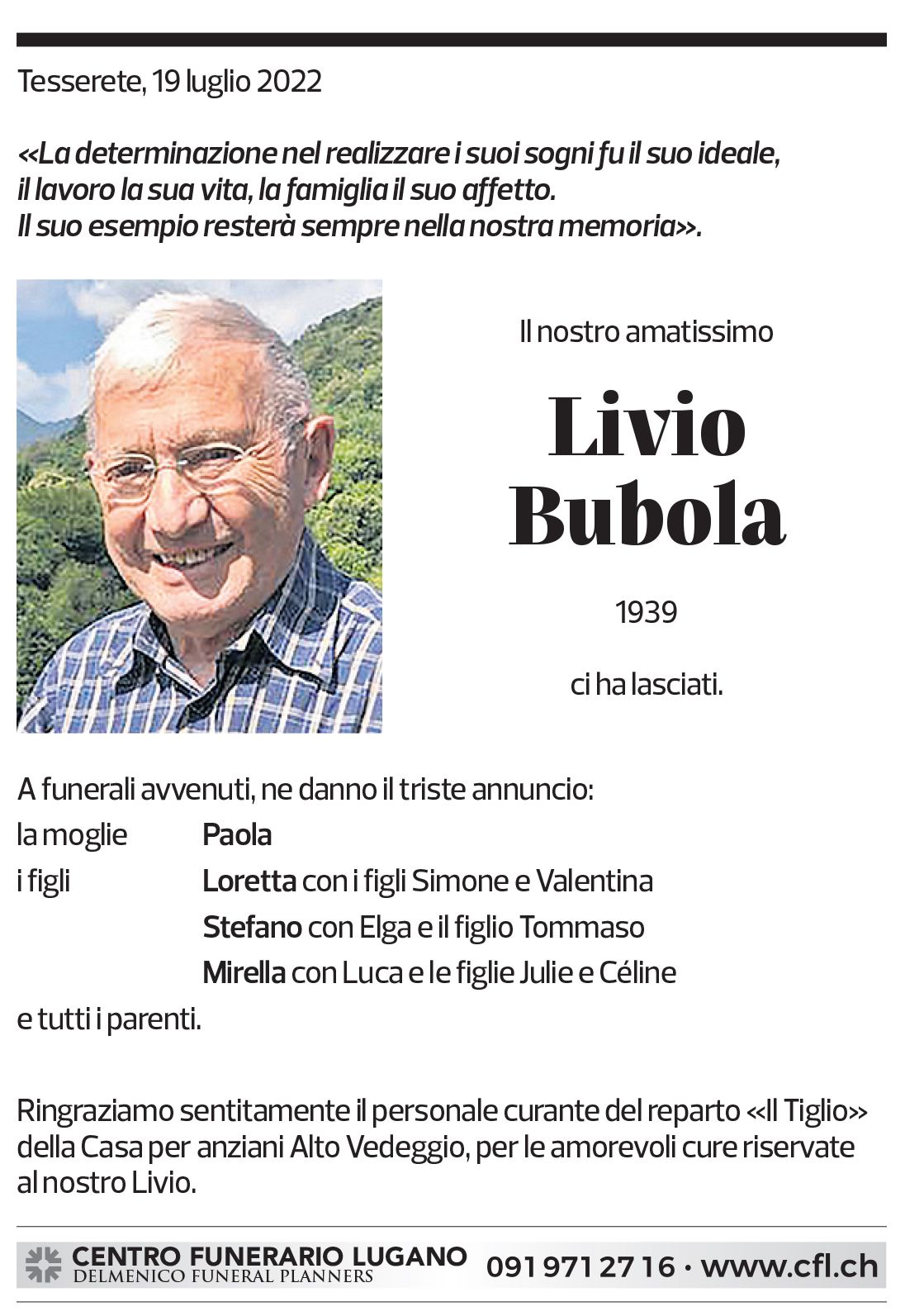 Annuncio funebre Livio Bubola