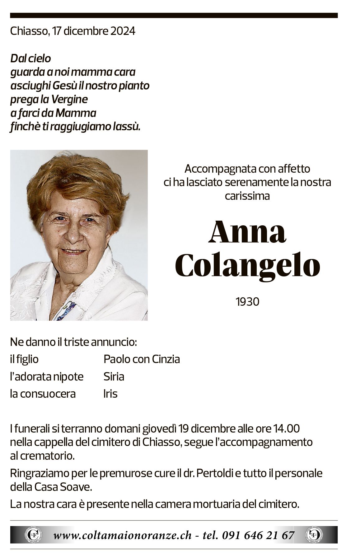 Annuncio funebre Anna Colangelo