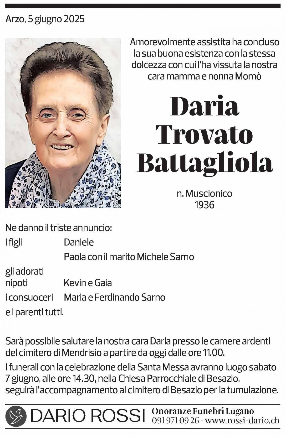 Annuncio funebre Daria Trovato Battagliola