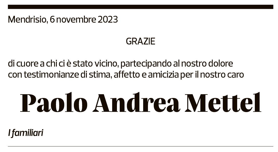 Annuncio funebre Paolo Andrea Mettel