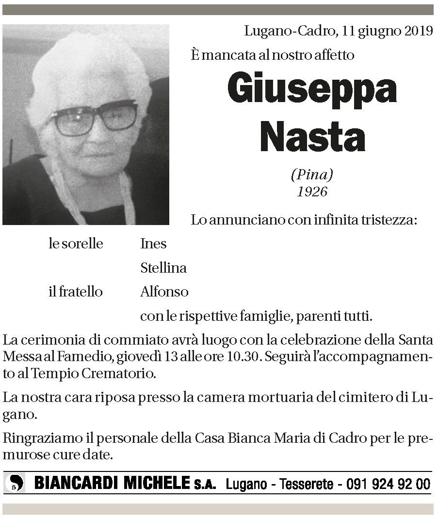 Annuncio funebre Giuseppa Nasta
