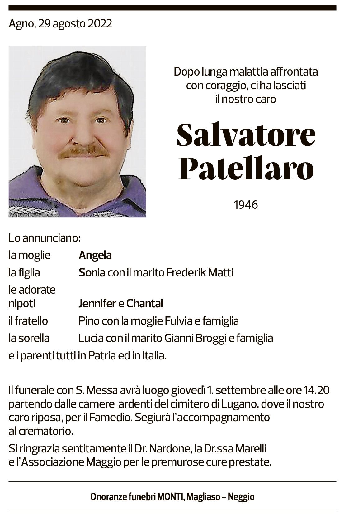 Annuncio funebre Salvatore Patellaro