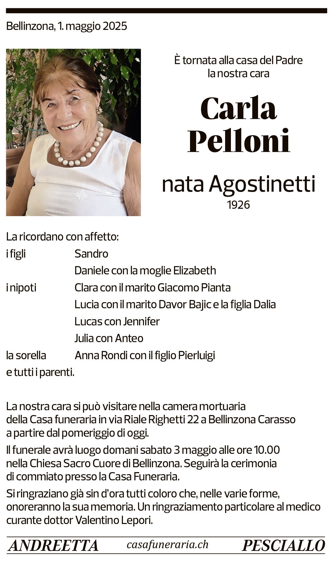 Annuncio funebre Carla Pelloni