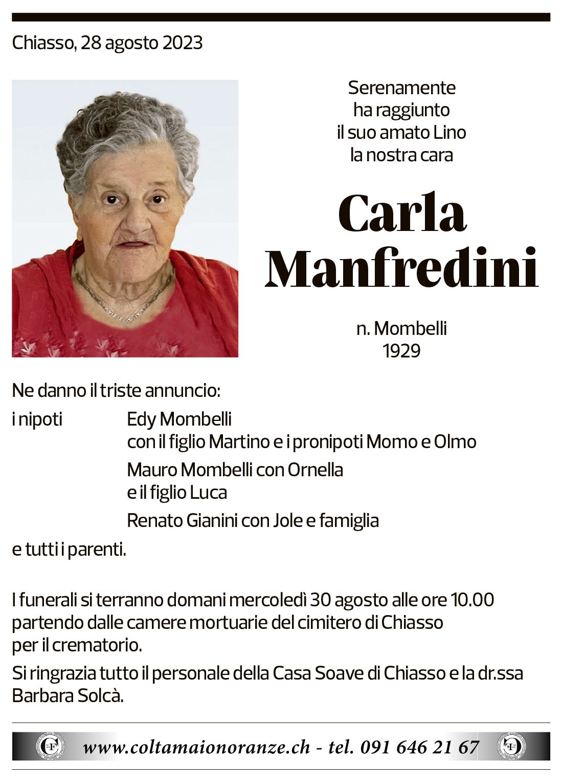 Annuncio funebre Carla Manfredini