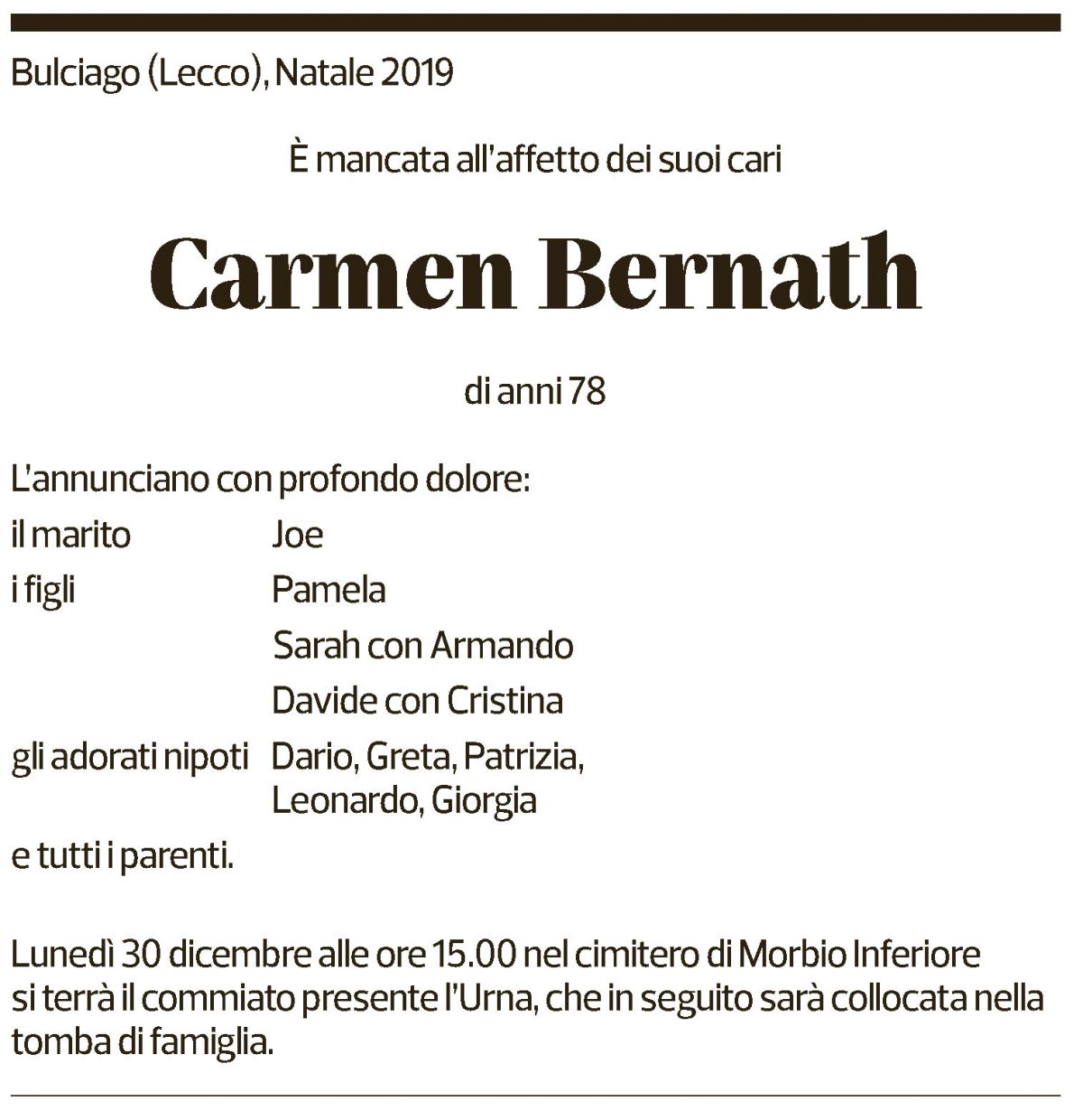 Annuncio funebre Carmen Bernath