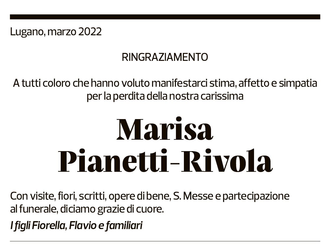 Annuncio funebre Marisa Pianetti-rivola