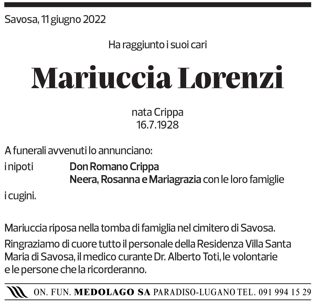 Annuncio funebre Mariuccia Lorenzi