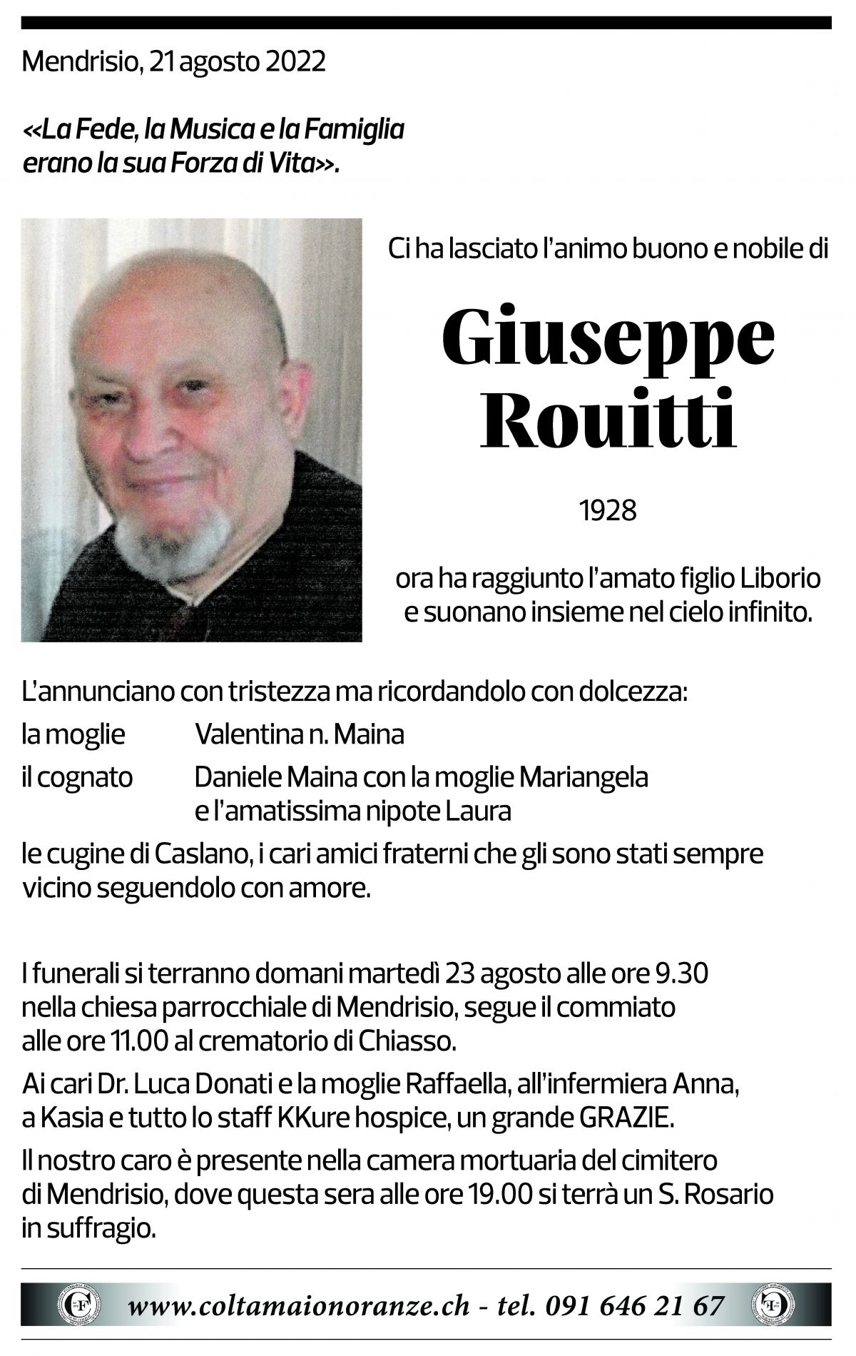 Annuncio funebre Giuseppe Rouitti