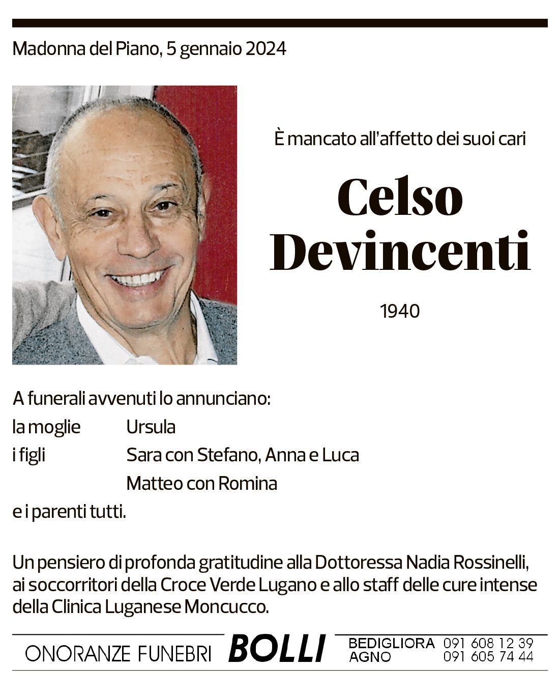 Annuncio funebre Celso Devincenti