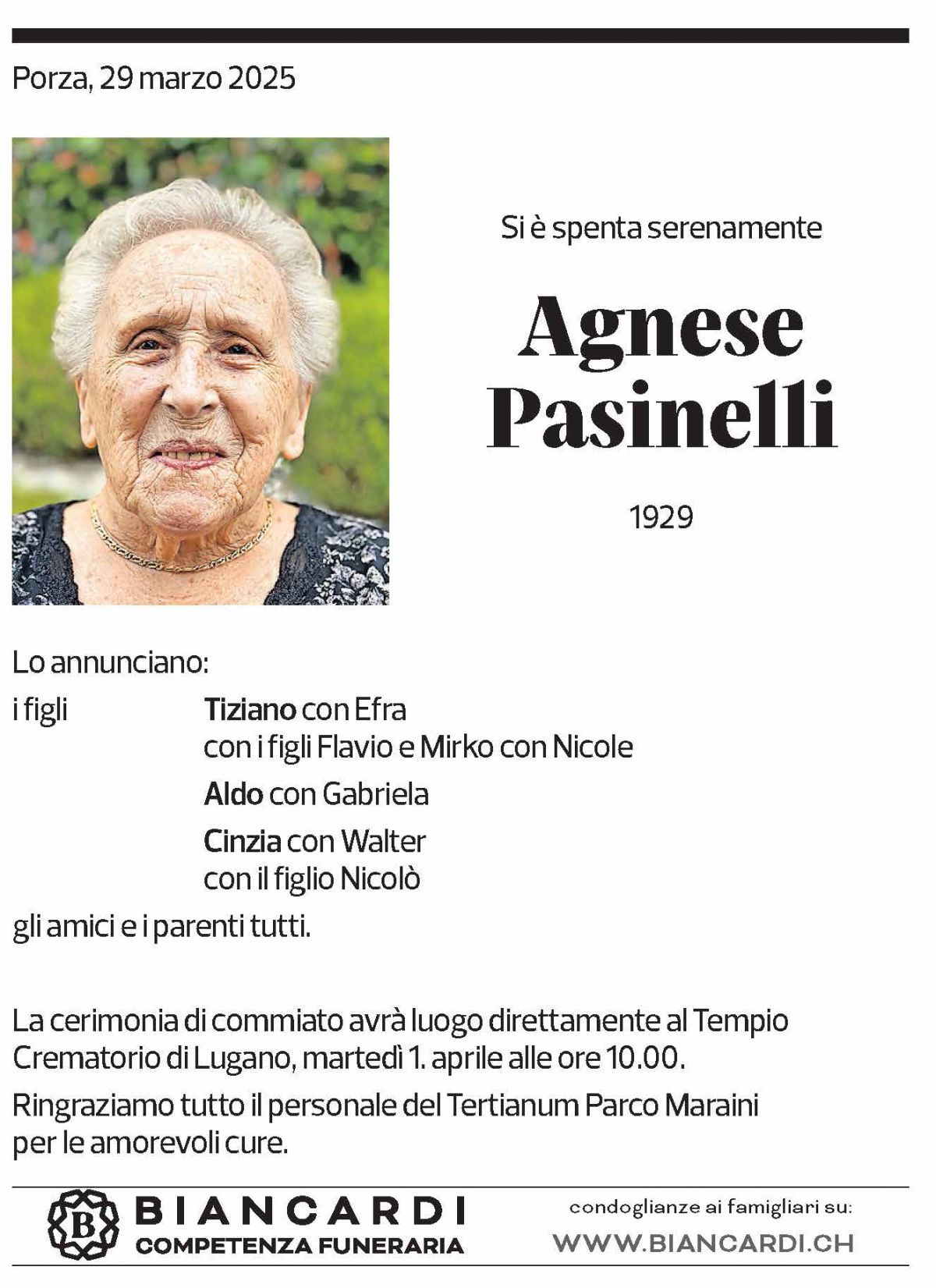 Annuncio funebre Agnese Pasinelli