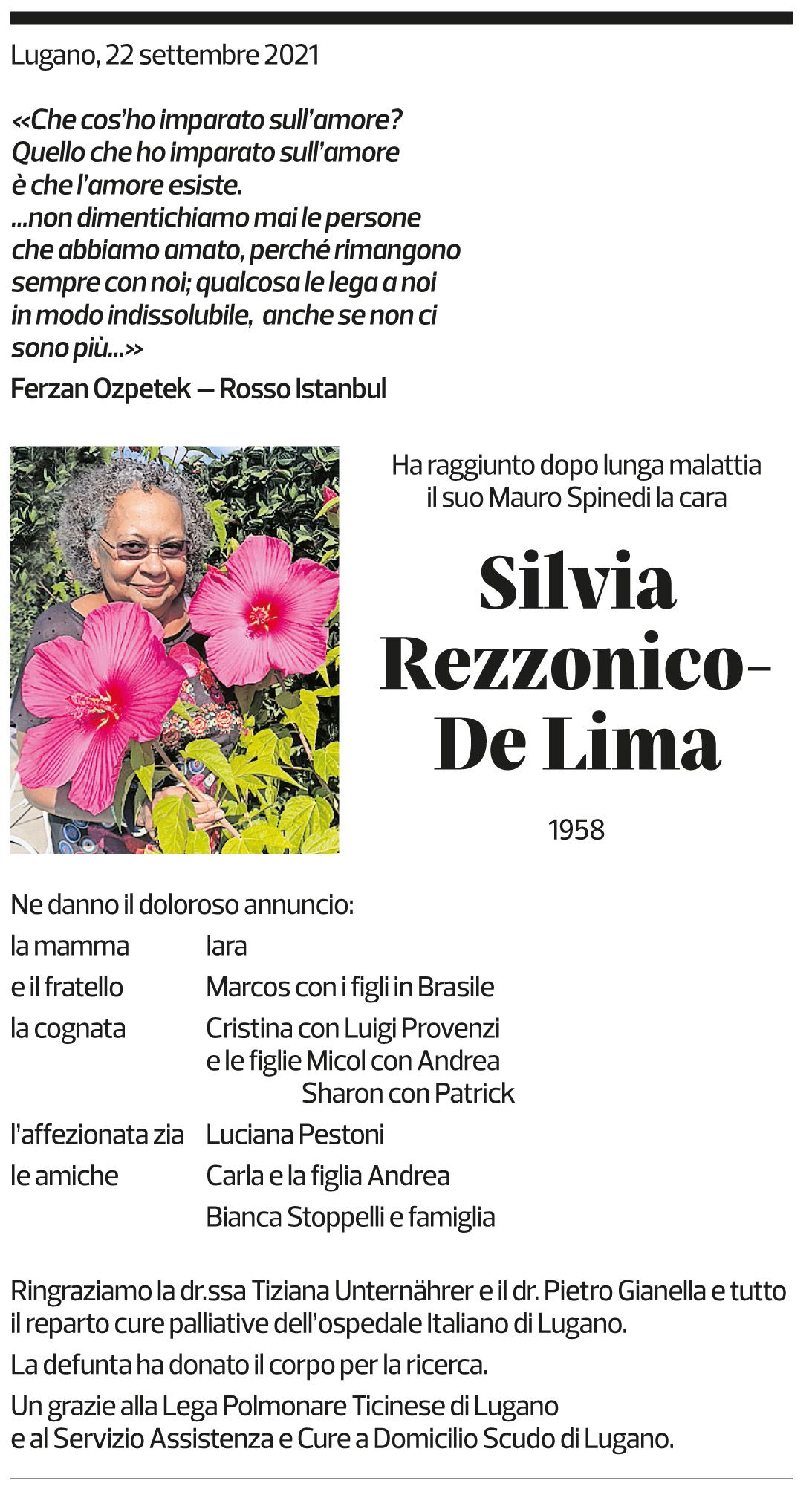 Annuncio funebre Silvia Rezzonico-de Lima