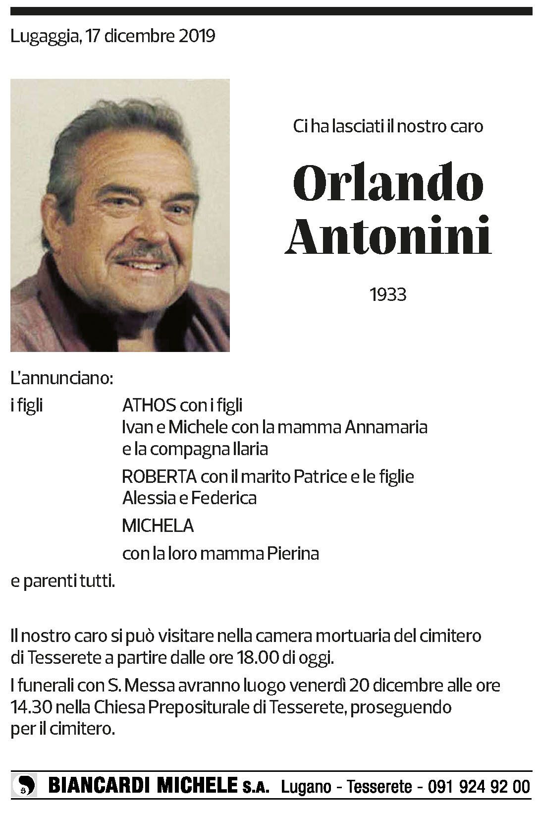 Annuncio funebre Orlando Antonini