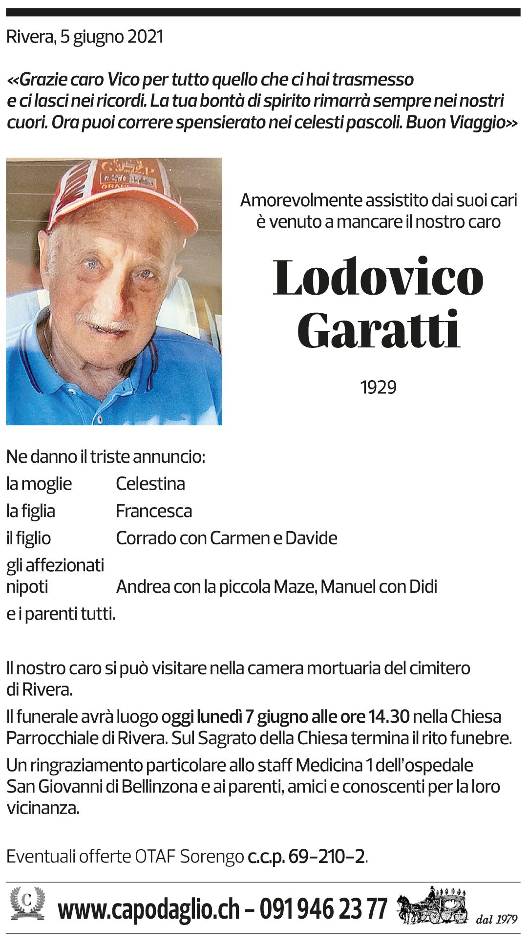 Annuncio funebre Lodovico Garatti