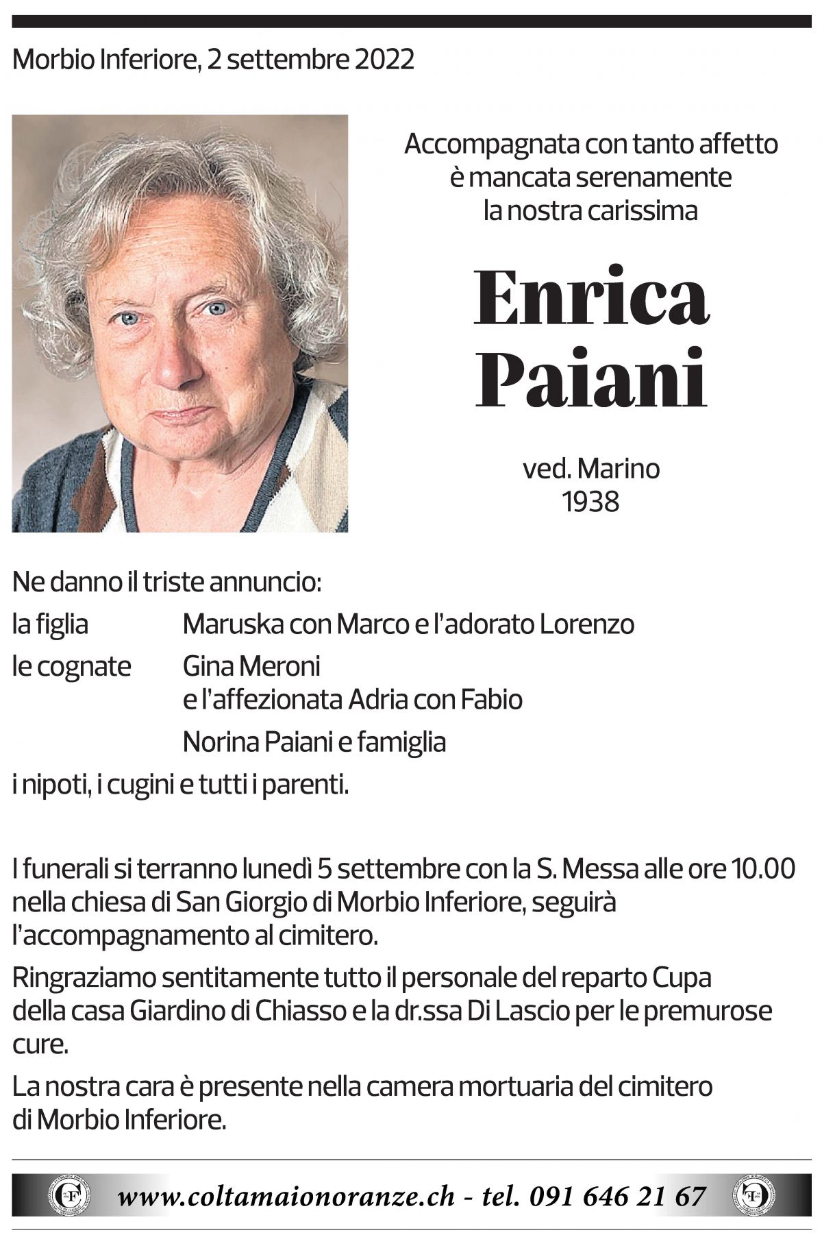 Annuncio funebre Enrica Paiani