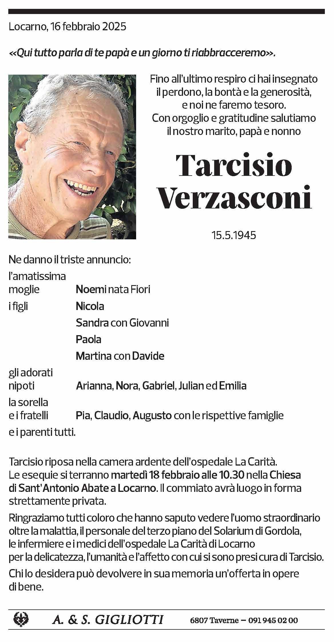 Annuncio funebre Tarcisio Verzasconi