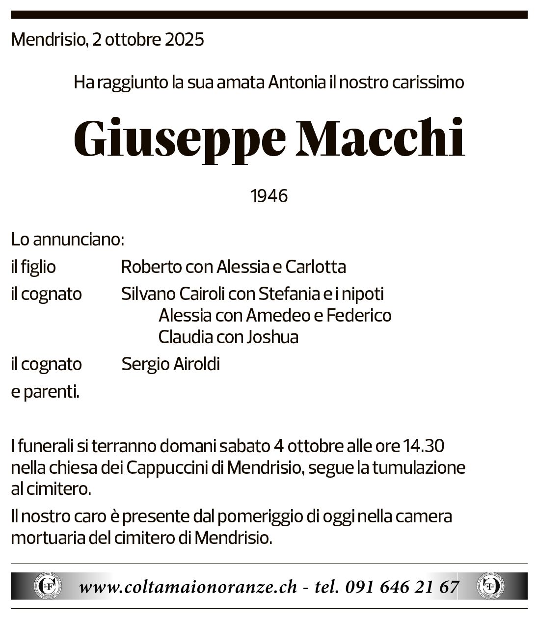 Annuncio funebre Giuseppe Macchi