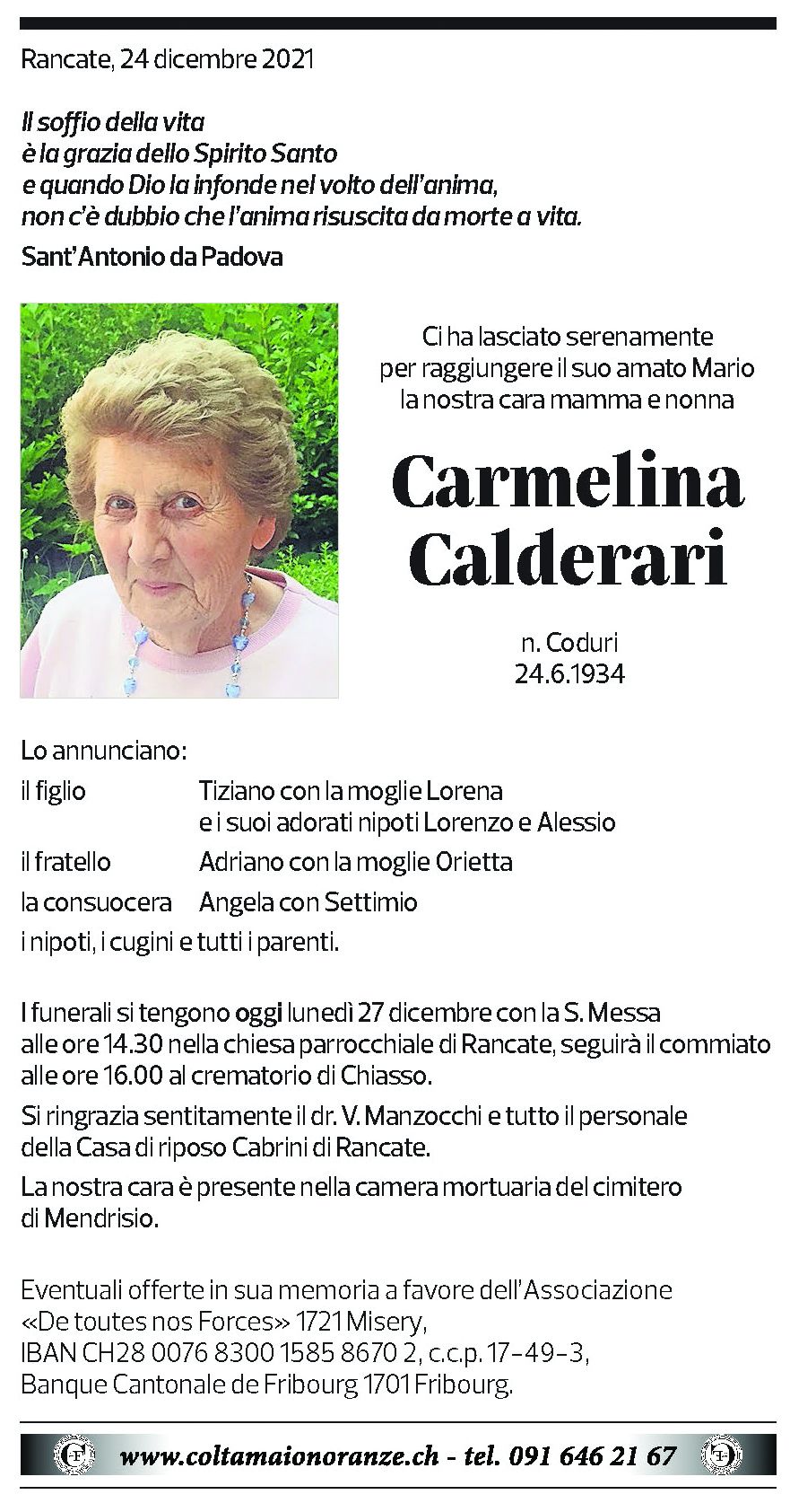 Annuncio funebre Carmelina Calderari