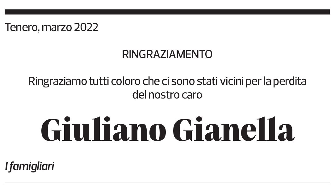 Annuncio funebre Giuliano Gianella