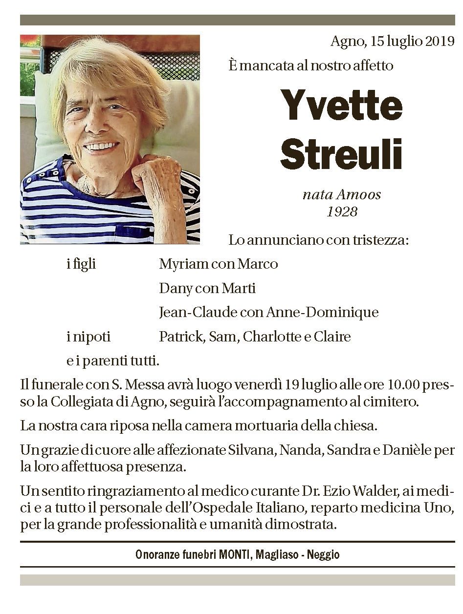 Annuncio funebre Yvette Streuli