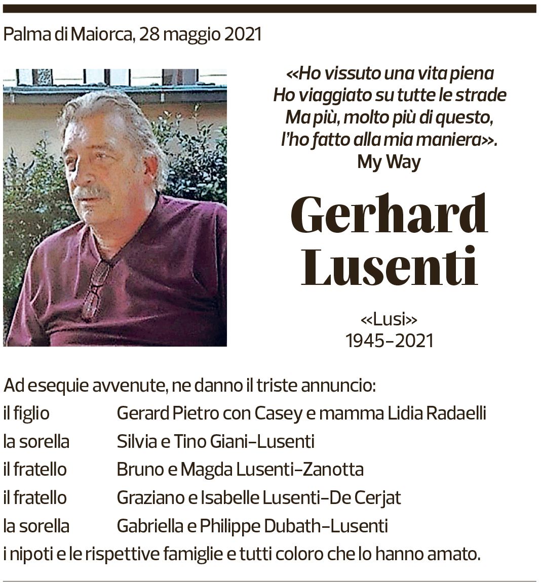 Annuncio funebre Gerhard Lusenti