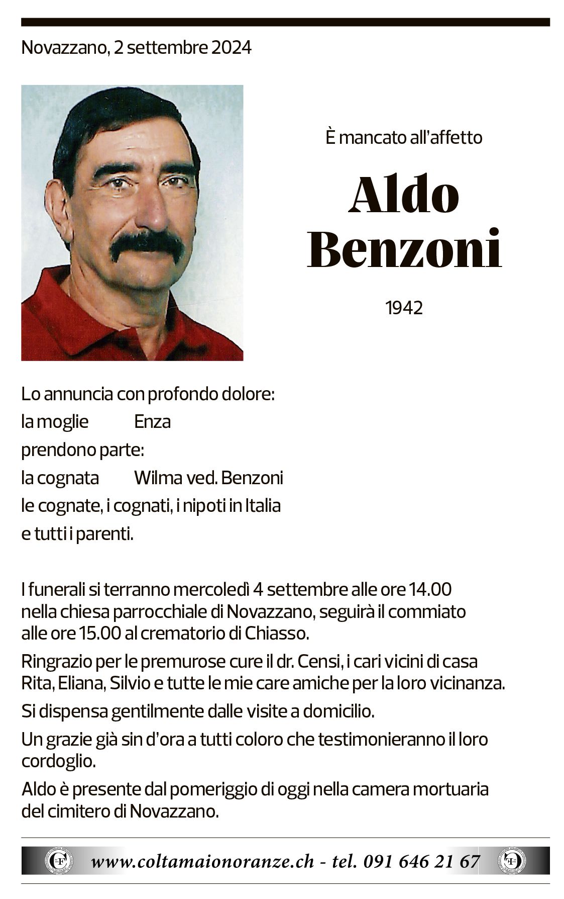 Annuncio funebre Aldo Benzoni