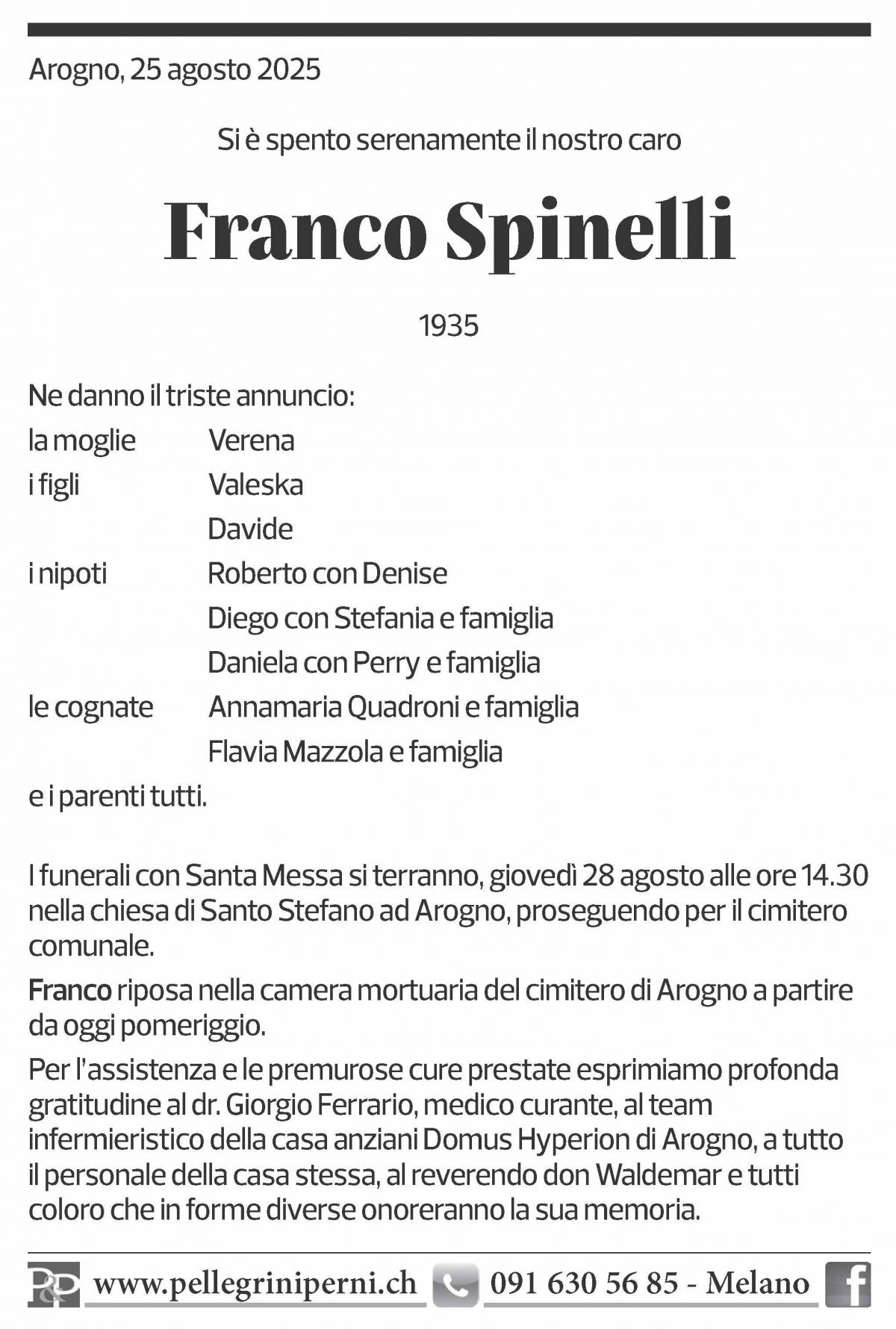 Annuncio funebre Franco Spinelli