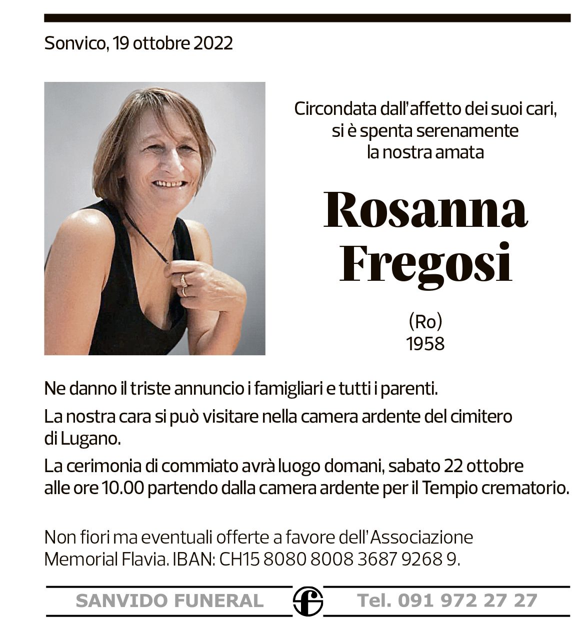 Annuncio funebre Rosanna Fregosi