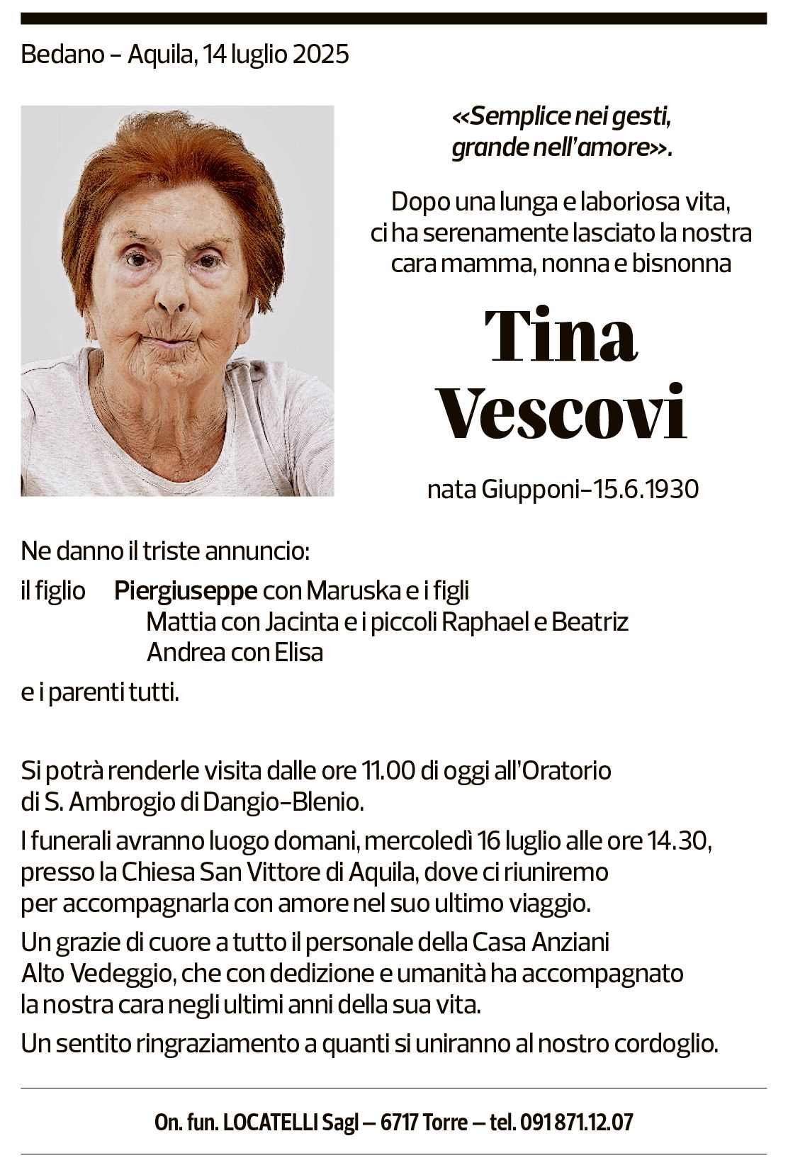 Annuncio funebre Tina Vescovi