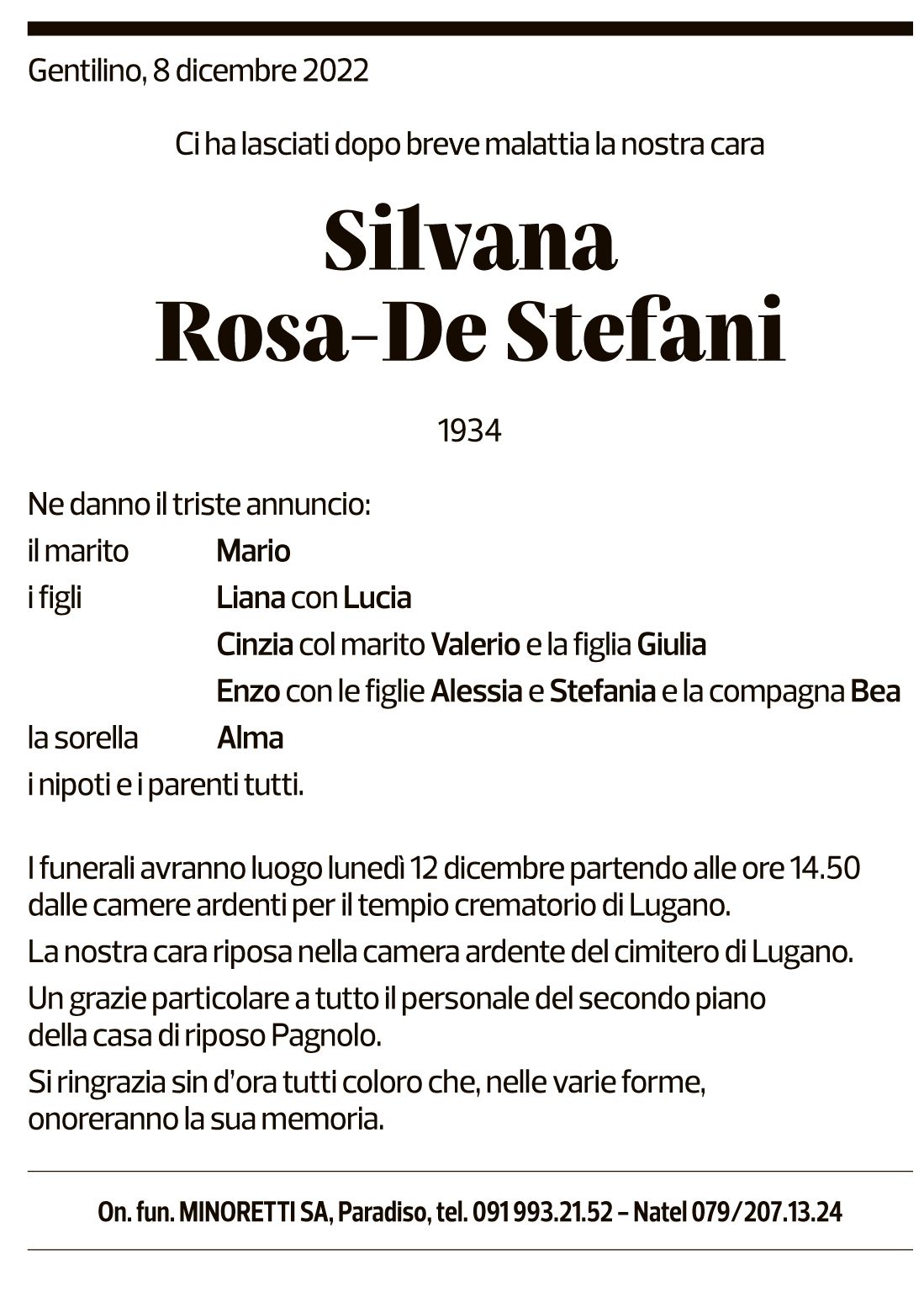 Annuncio funebre Silvana Rosa-de Stefani