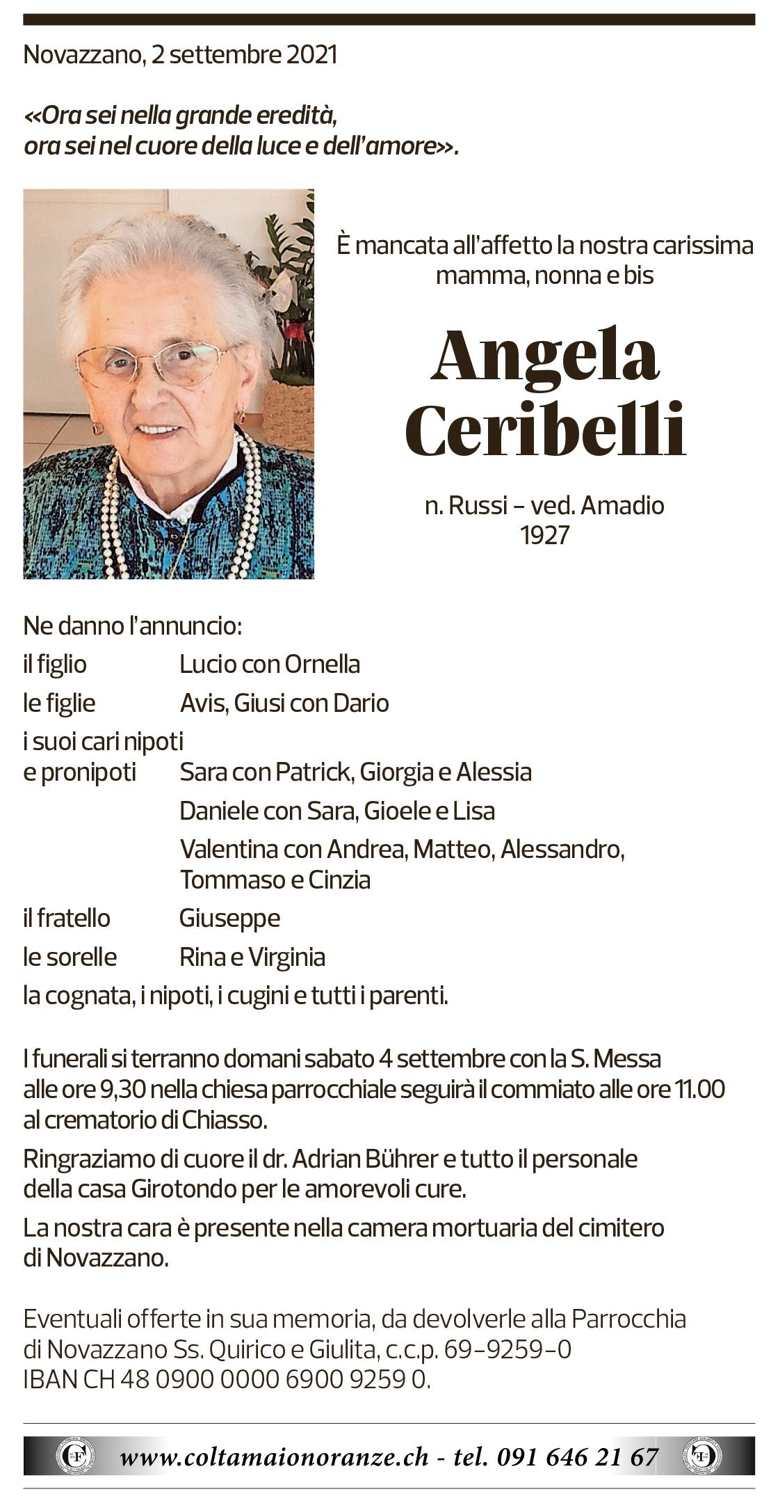 Annuncio funebre Angela Ceribelli