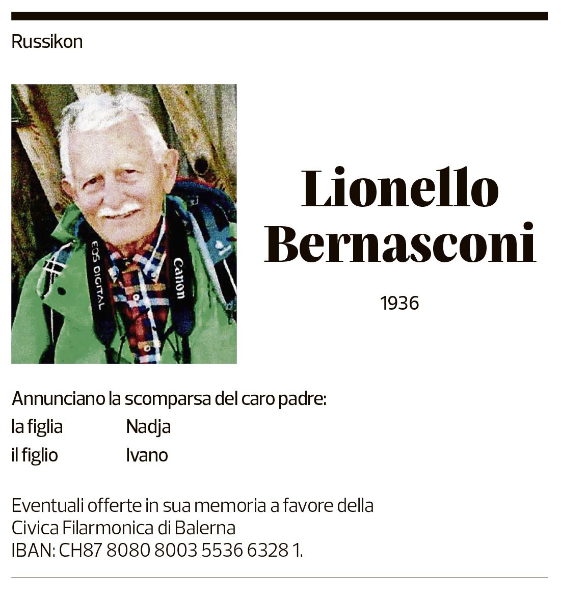 Annuncio funebre Lionello Bernasconi