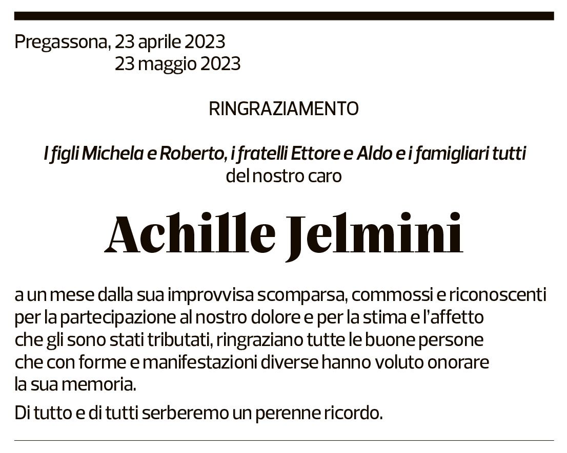 Annuncio funebre Achille Jelmini