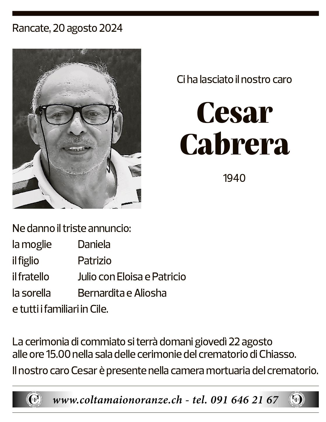 Annuncio funebre Cesar Cabrera