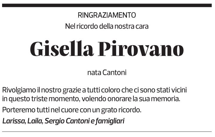 Annuncio funebre Gisella Pirovano