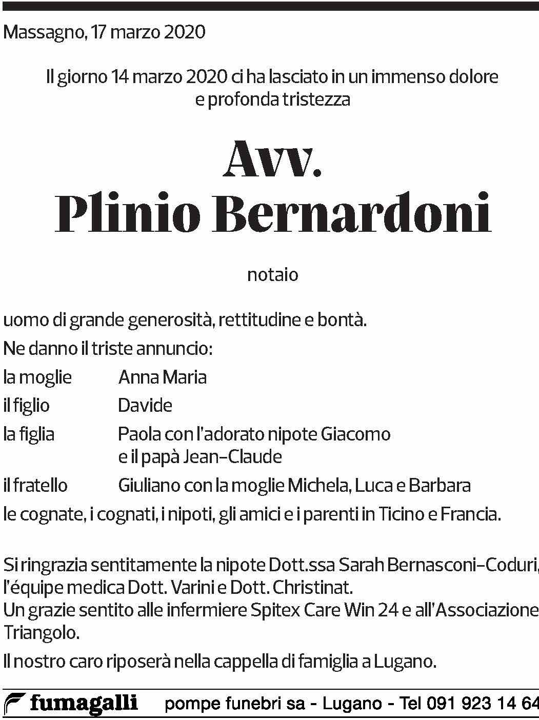 Annuncio funebre Plinio Bernardoni