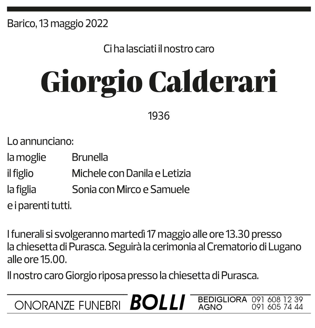 Annuncio funebre Giorgio Calderari