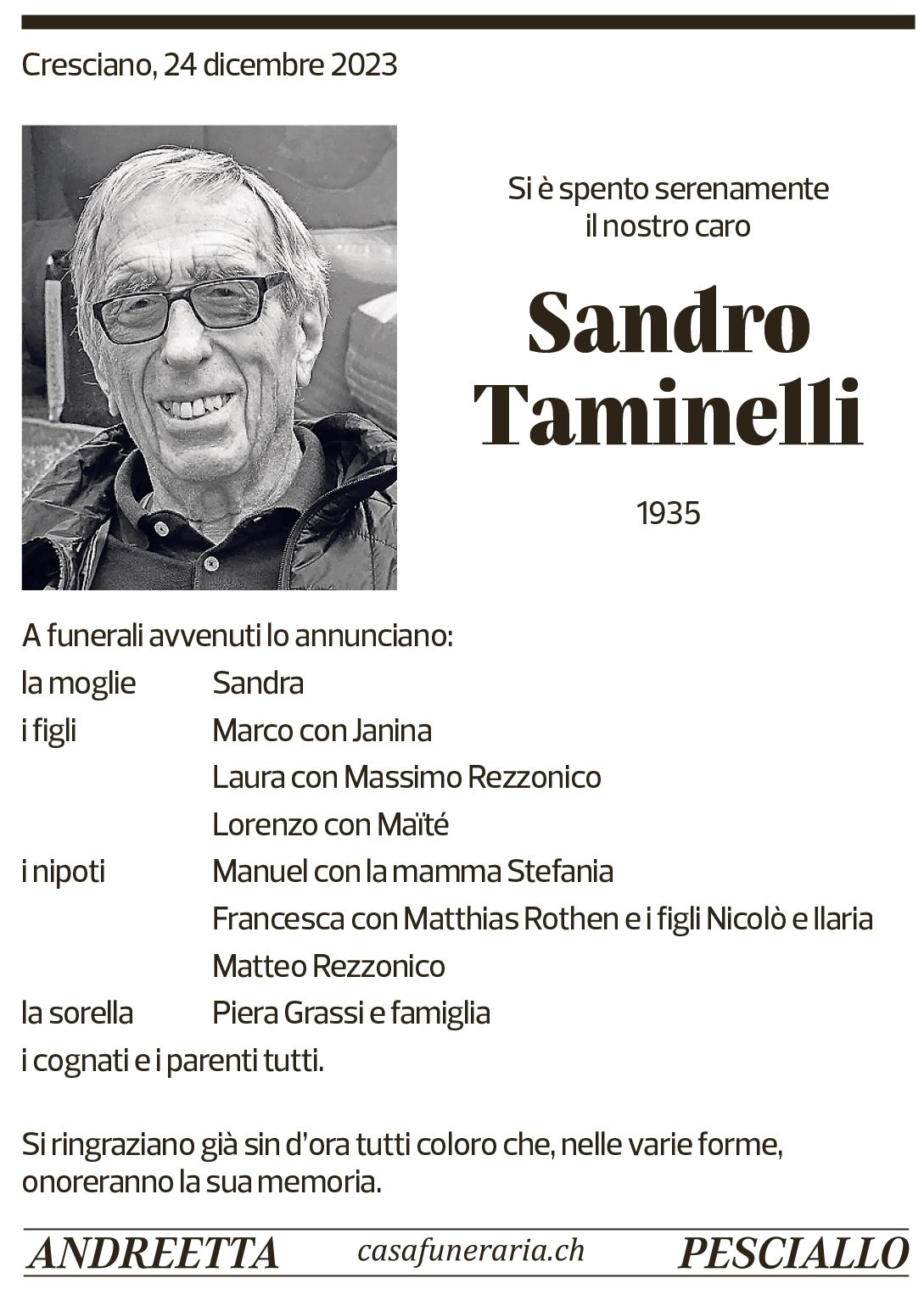 Annuncio funebre Sandro Taminelli